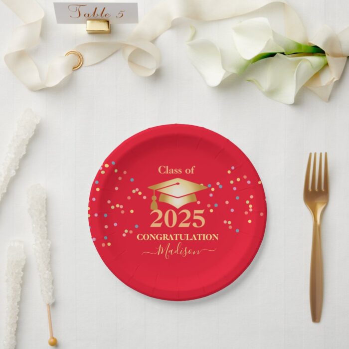 Graduation Calligraphy Confetti Golden initial Paper Plates