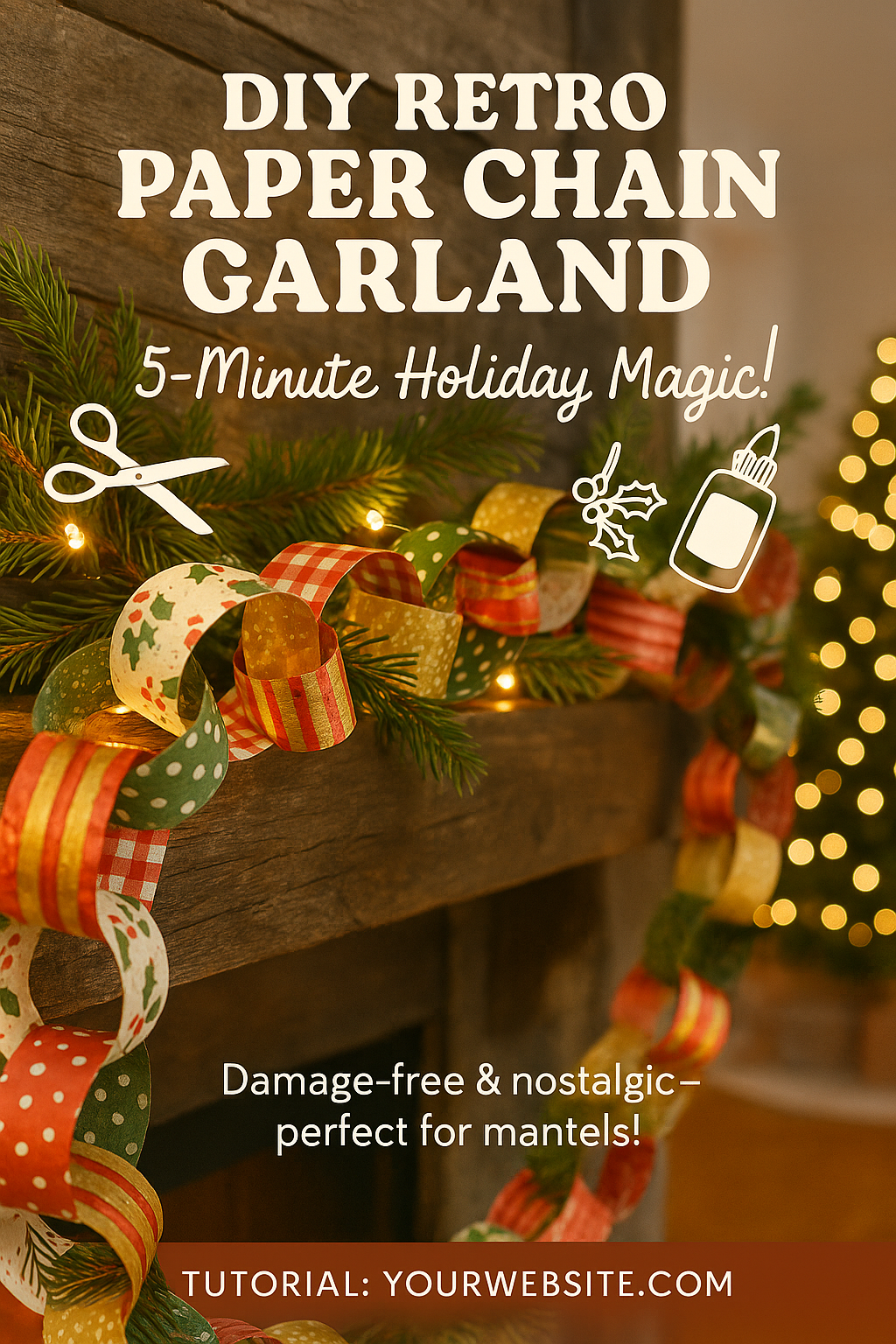 A retro-inspired garland made from scrapbook paper or old wrapping paper—perfect for mantels, staircases, or walls.