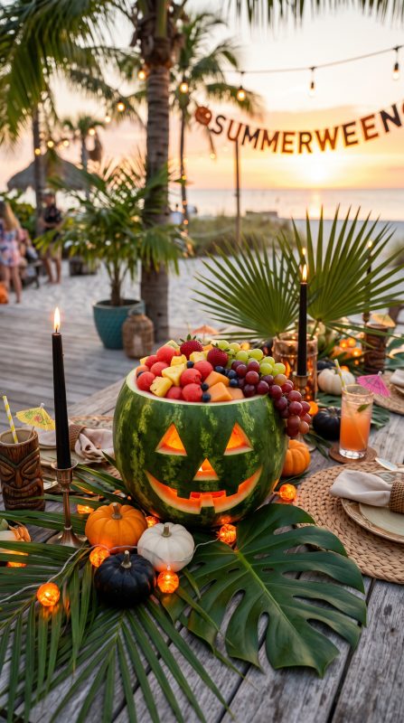 A carved watermelon jack-o'-lantern overflowing with vibrant summer fruit on a spooky tropical party table decorated with mini pumpkins, palm leaves, black candles, and orange string lights during golden hour.
