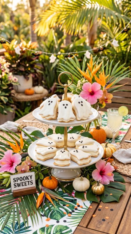 Cute ghost-shaped ice cream sandwiches with candy eyes arranged on a vintage dessert stand surrounded by tropical flowers and Halloween decorations at an outdoor Summerween party.