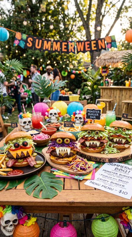 A colorful monster burger station filled with burgers decorated like goofy monsters using olives for eyes, cheese teeth, and lettuce hair at a festive backyard Summerween BBQ.