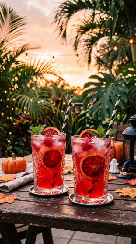 Crystal glasses filled with bright red berry lemonade, fresh berries floating inside, black striped paper straws, tropical greenery, and spooky party decor under warm sunset lighting.
