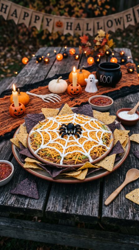 A Halloween-inspired taco dip featuring a detailed spiderweb design surrounded by tortilla chips on a rustic outdoor picnic table with orange and black party decorations.