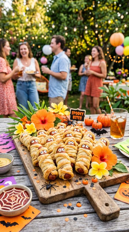 Golden mummy hot dogs peeking through crispy pastry wraps arranged on a wooden serving board beside spooky Halloween decorations and tropical summer flowers.