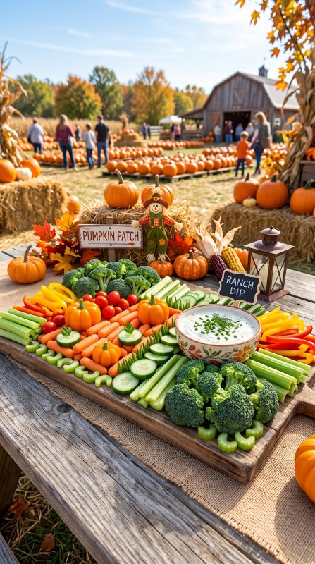 A colorful vegetable platter designed as a pumpkin patch featuring fresh vegetables arranged creatively with rustic Halloween accents and bright summer sunshine.