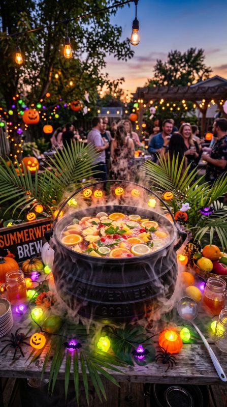 A large cauldron overflowing with glowing tropical punch surrounded by mist, citrus slices, palm leaves, and colorful Halloween decorations at a backyard Summerween party.