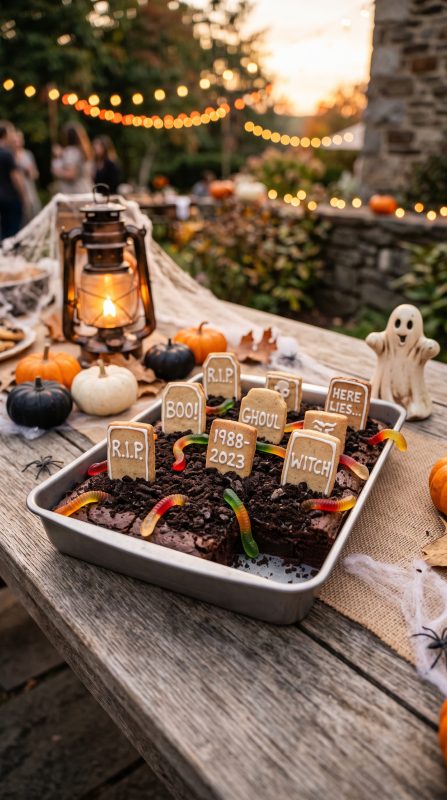Chocolate graveyard brownies decorated with cookie tombstones, gummy worms, and edible moss displayed on a rustic dessert table with spooky summer decor.