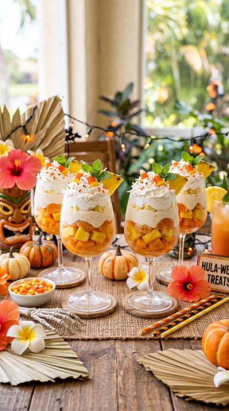 Beautiful layered fruit parfaits resembling candy corn displayed on a bright summer dessert table with pumpkins, tropical flowers, and festive decorations.