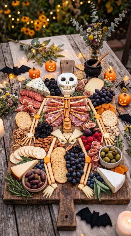 A tray of gourmet black bun sliders topped with melted cheese and colorful toppings served at an elegant outdoor Summerween barbecue under string light
