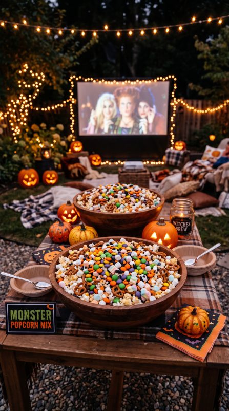 Large bowls of colorful monster popcorn mix featuring bright candy pieces, pretzels, marshmallows, and Halloween sprinkles on a cozy outdoor movie night setup.