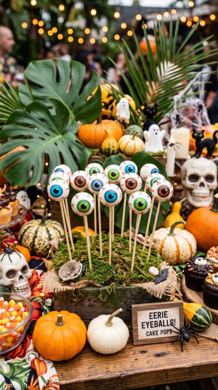 A display of realistic eyeball cake pops standing upright on a dessert table decorated with tropical leaves, pumpkins, and playful Halloween accents.