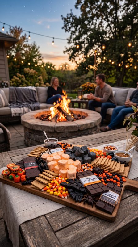 A luxurious s'mores grazing board featuring orange and black marshmallows, premium chocolates, graham crackers, and Halloween candies beside a glowing backyard fire pit on a warm summer evening.