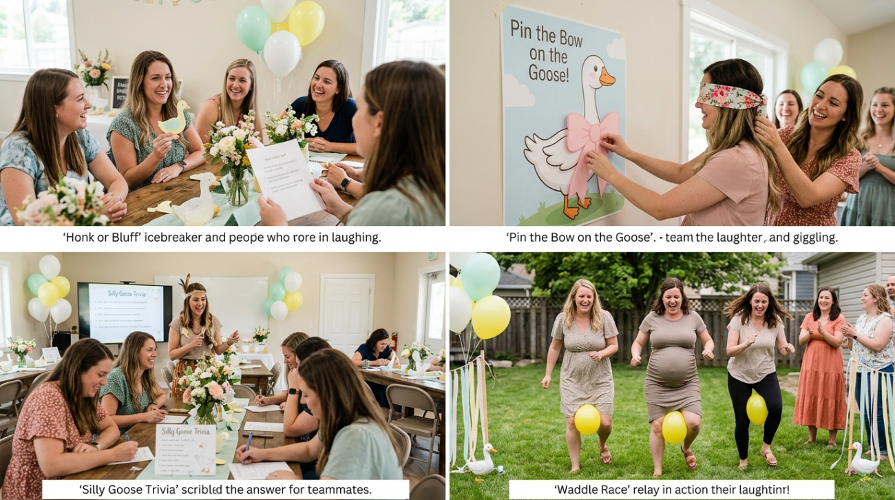 Baby shower guests playing goose-themed balloon waddle game with pastel streamers and illustrated goose poster on the wall