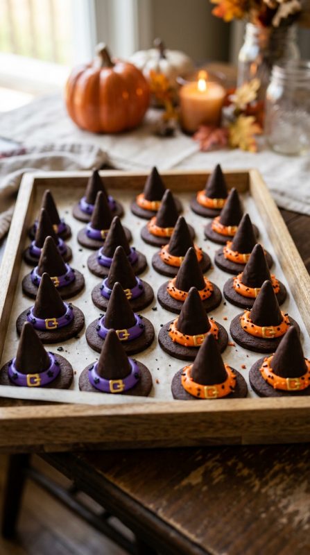 hese whimsical treats combine crunchy chocolate cookies with creamy chocolate kisses to create the perfect witch hat illusion. They're so simple that kids can assemble them while you supervise, making them an ideal Halloween snacks for school parties activity ￼.