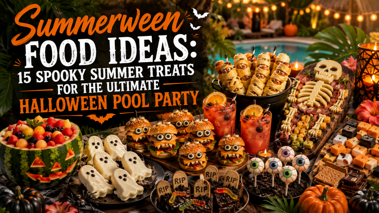 Host an unforgettable Summerween party with these festive Summerween food ideas. Find spooky appetizers, tropical drinks, creative desserts, BBQ favorites, charcuterie boards, and kid-friendly treats that bring Halloween fun to sunny summer days. Save for your next Summerween celebration!